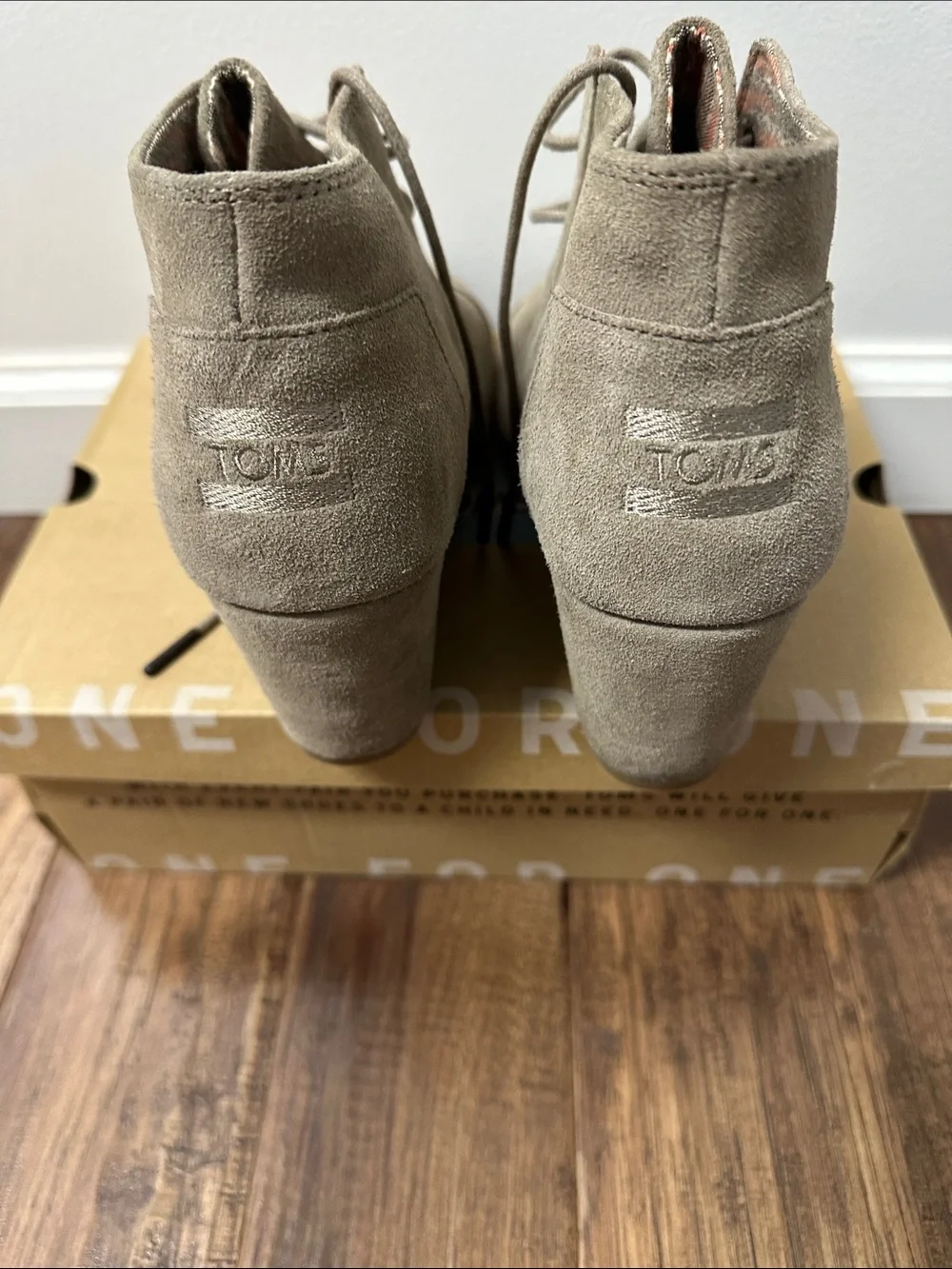TOMS Taupe Suede Lace-Up Wedge Ankle Booties